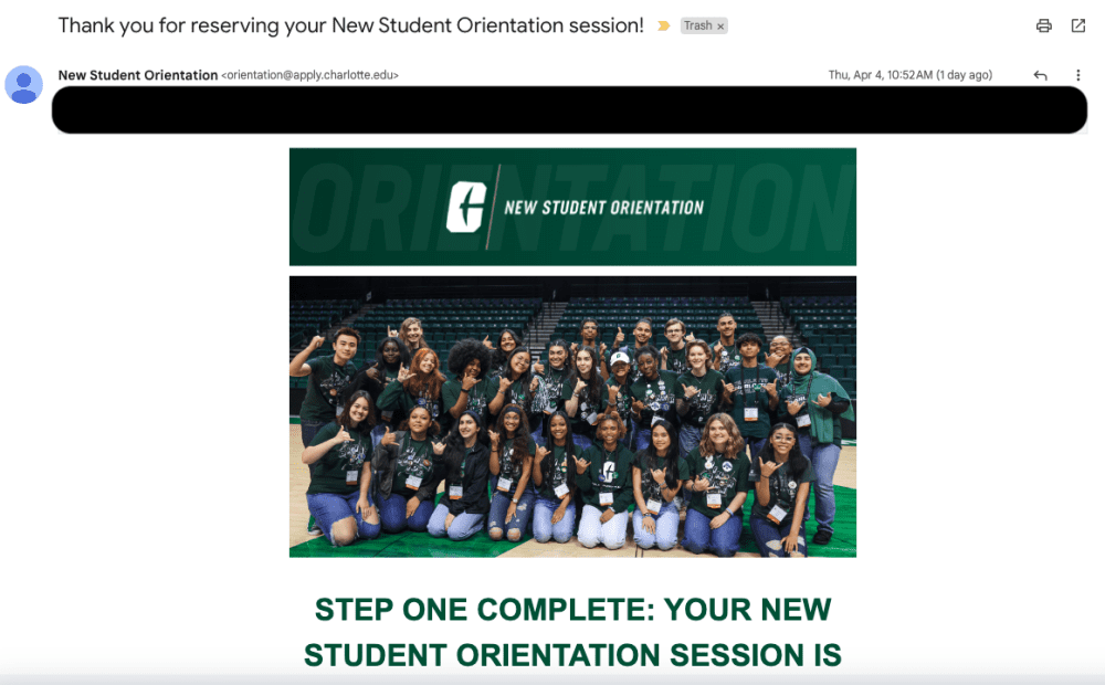 Screenshot of NSO confirmation email for students